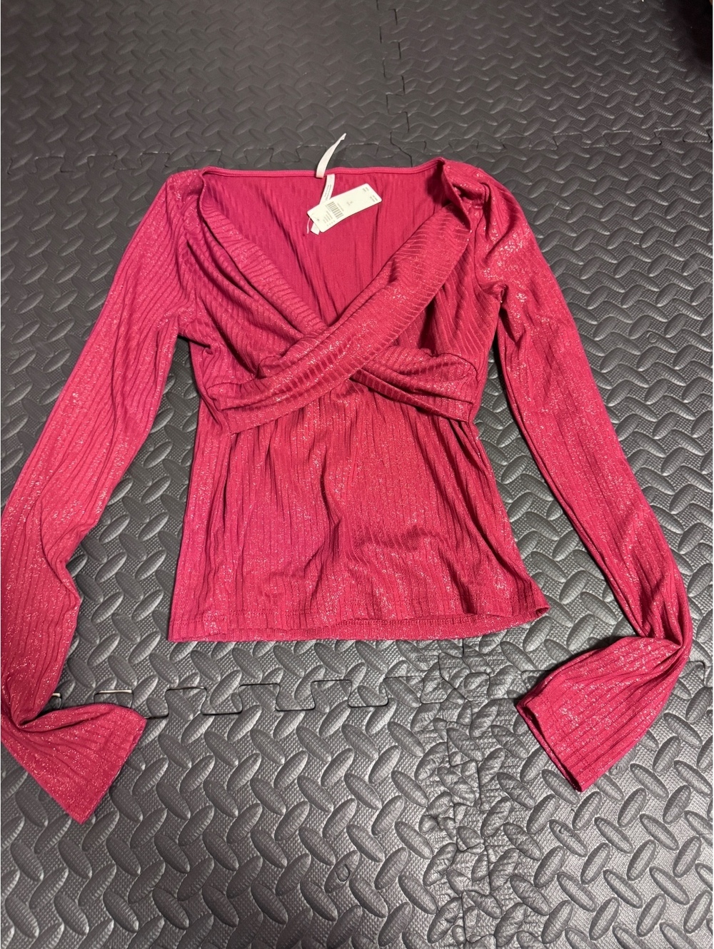 Anthropologie red shimmer criss cross blouse
